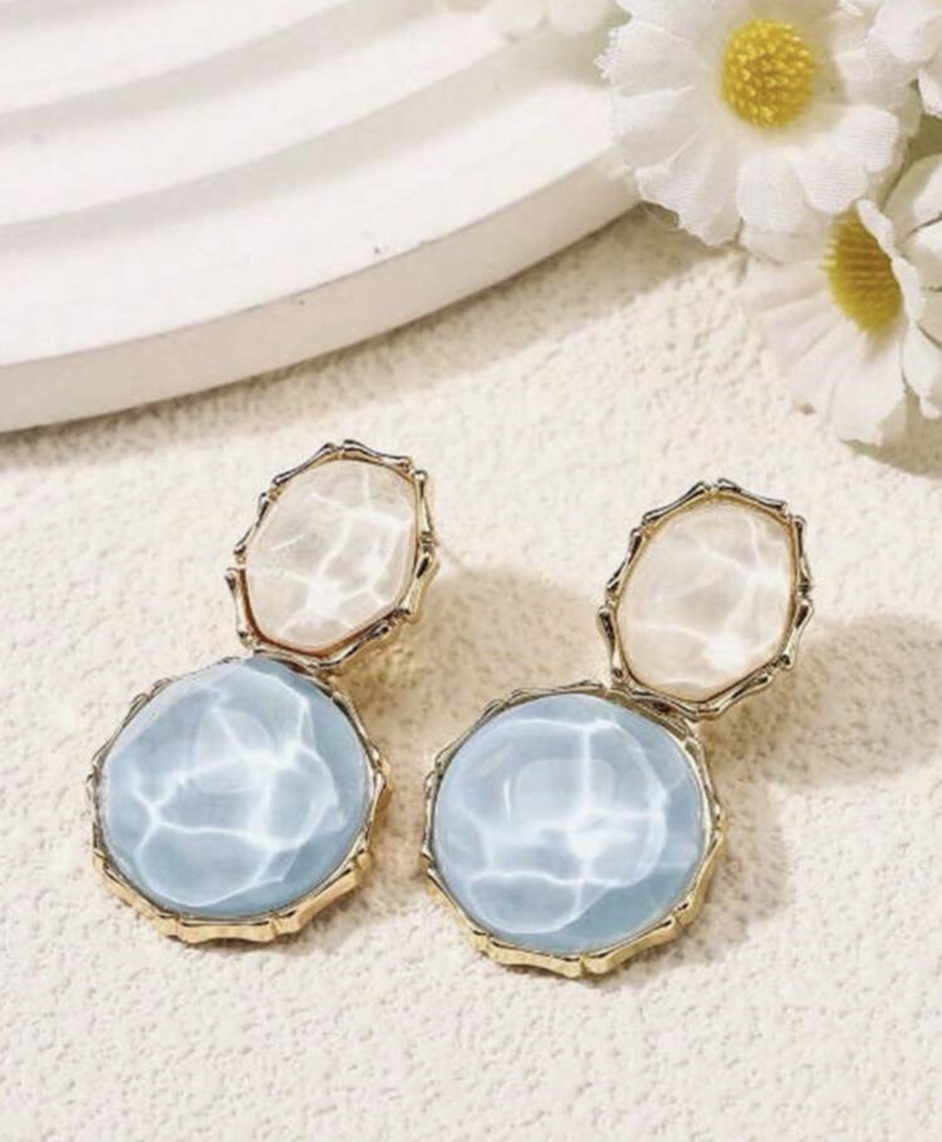 Gold-Tone Blue & White Round Cabochon Bezel Dangle/Drop Earrings, Post