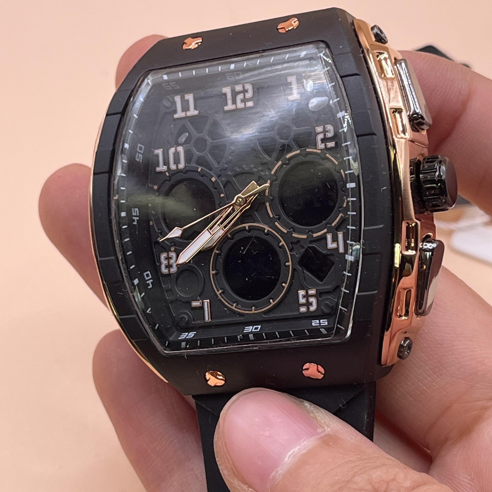 OFNS Watch Mens Black Rose Gold Tonneau Ana-Digi Silicone Strap Quartz S6157