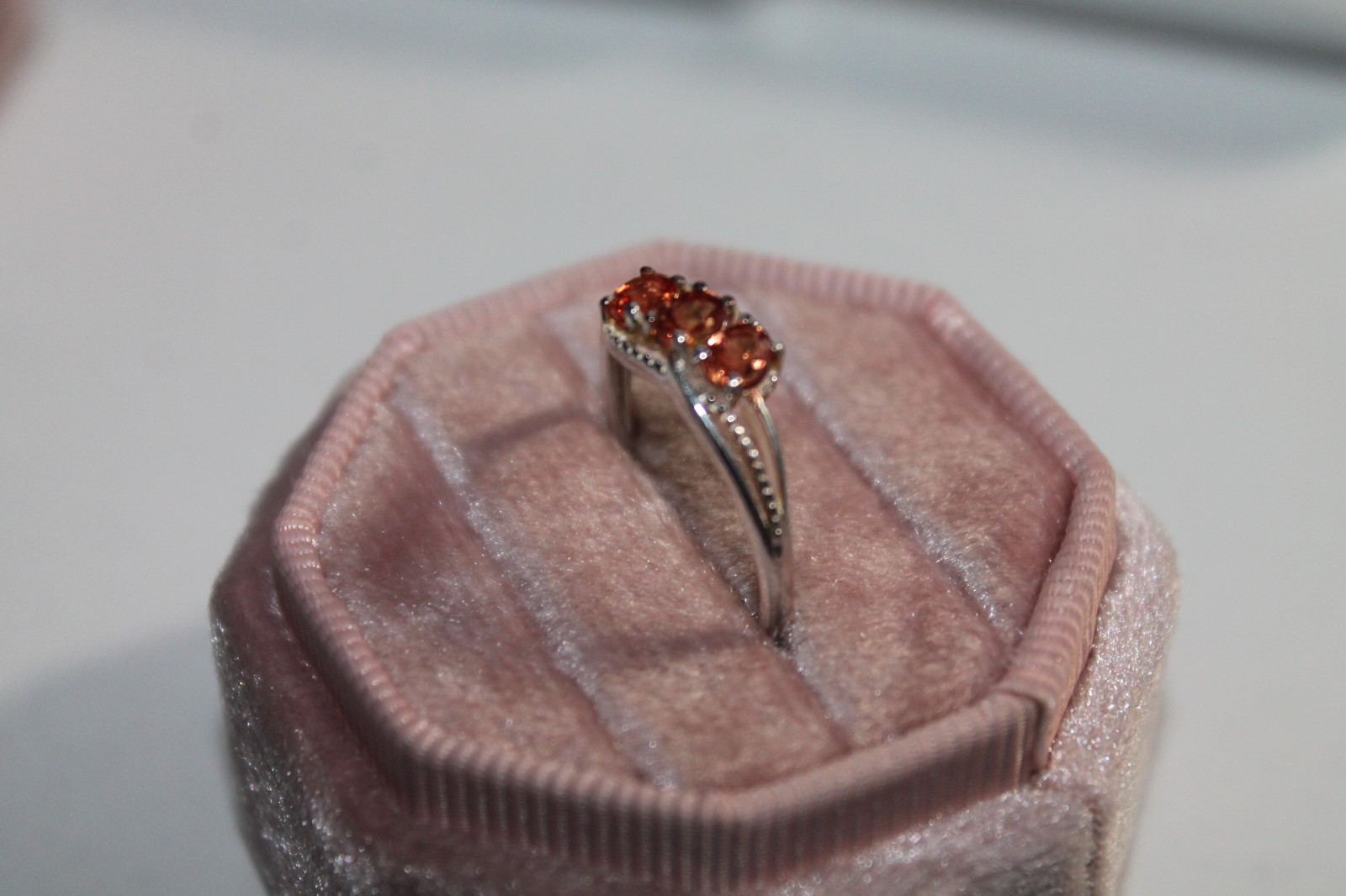 3-stone Oval Orange Sapphire 925 Silver ring size 7 by: STS Karis