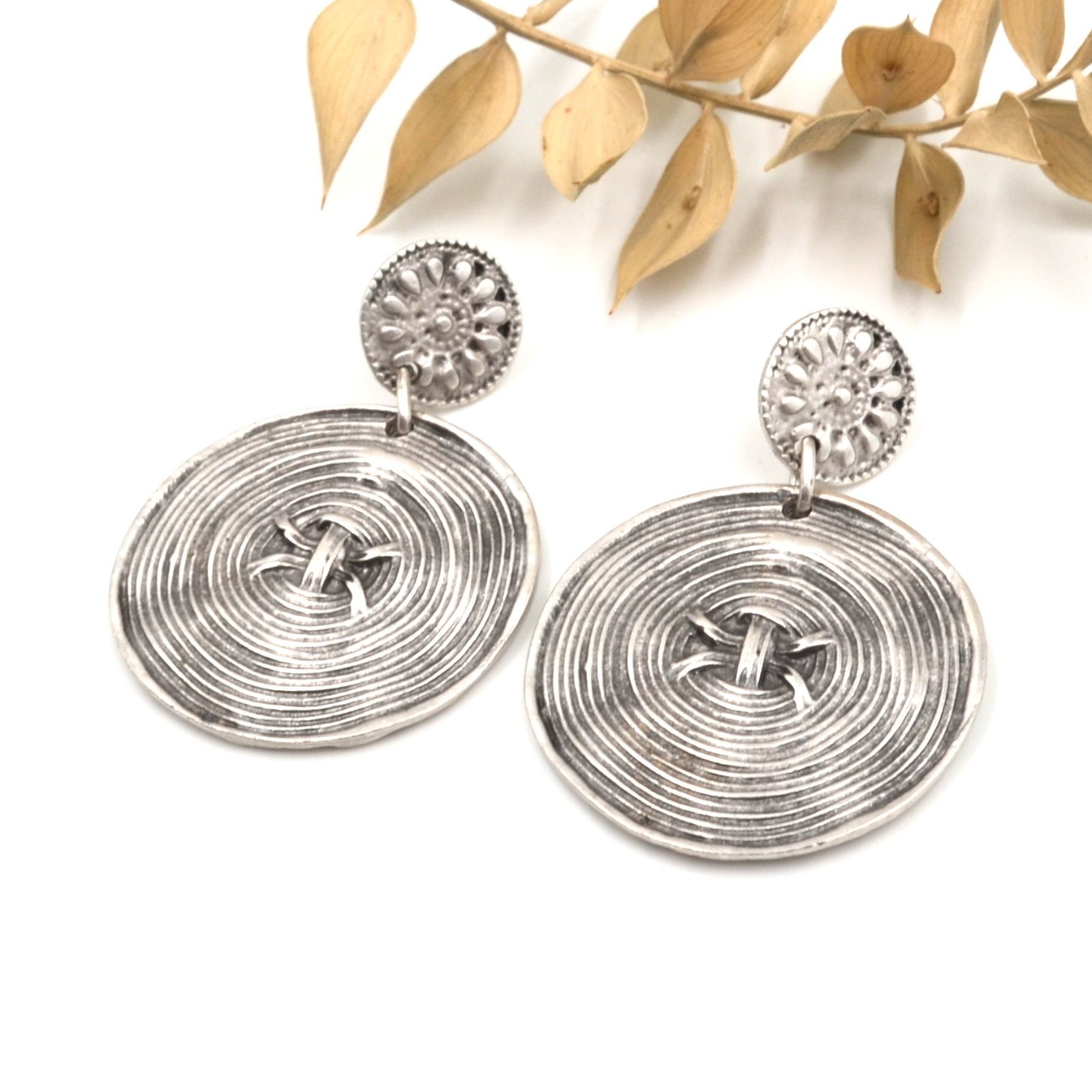 Boho Silver Spiral Disc Dangle Earrings Textured Round Statement Jewelry