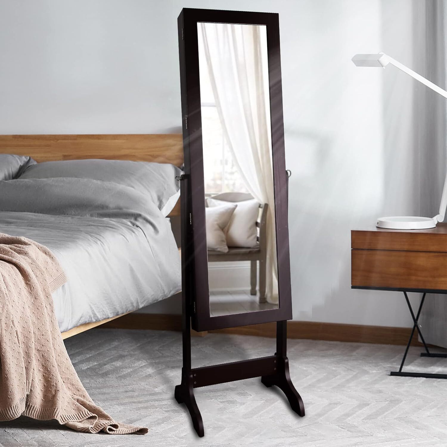 Standing Wooden Jewelry Cabinet Mirror Armoire Free Lockable Adjustable Angle
