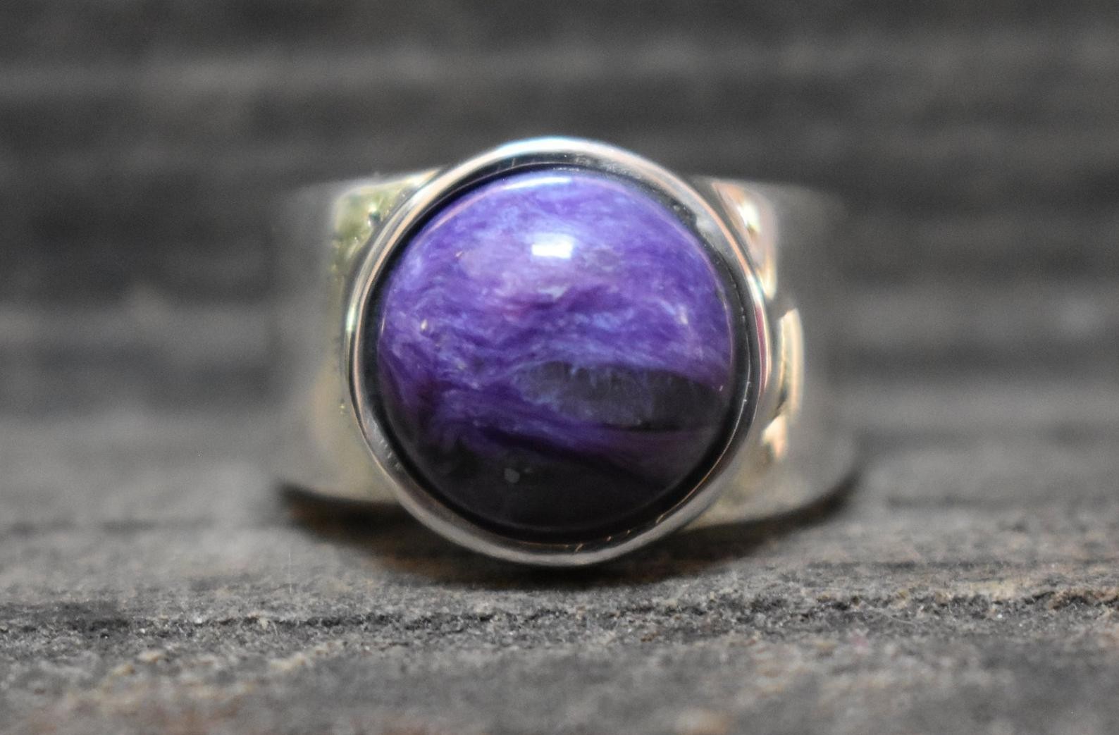 Solid 925 Sterling Silver Natural Purple Charoite Gemstone Men’s Unisex BandRing
