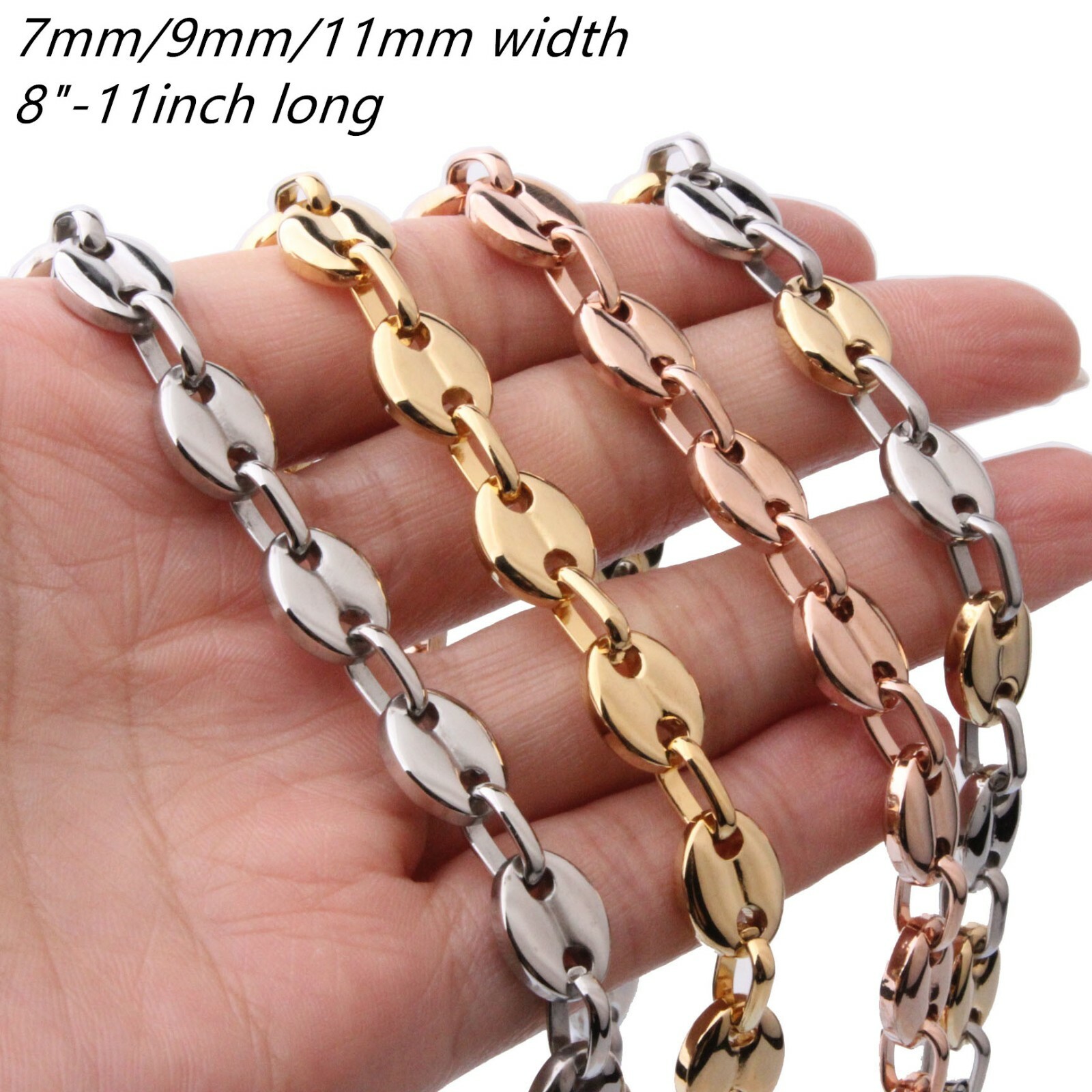 7/9/11mm Fashion Women Mens Chain 316L Stainless Steel Coffee Bead Link Necklace