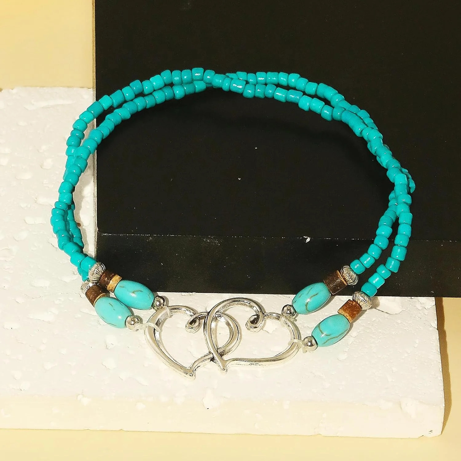 Elastic Beaded Ankle Bracelets for Women Double Heart Layered Stretch Ankle Brac