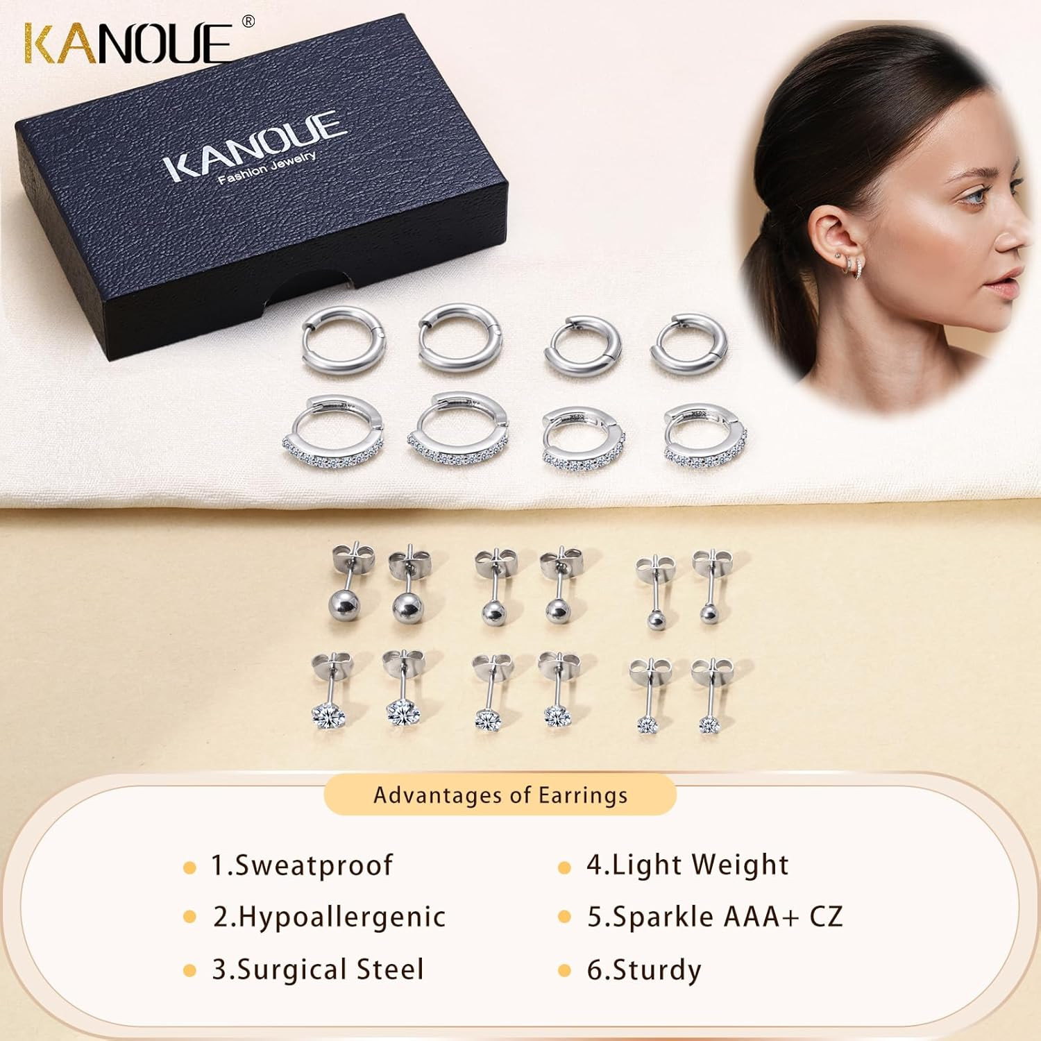 Surgical Steel Small Huggie Hoop CZ Stud Earrings Set for Women