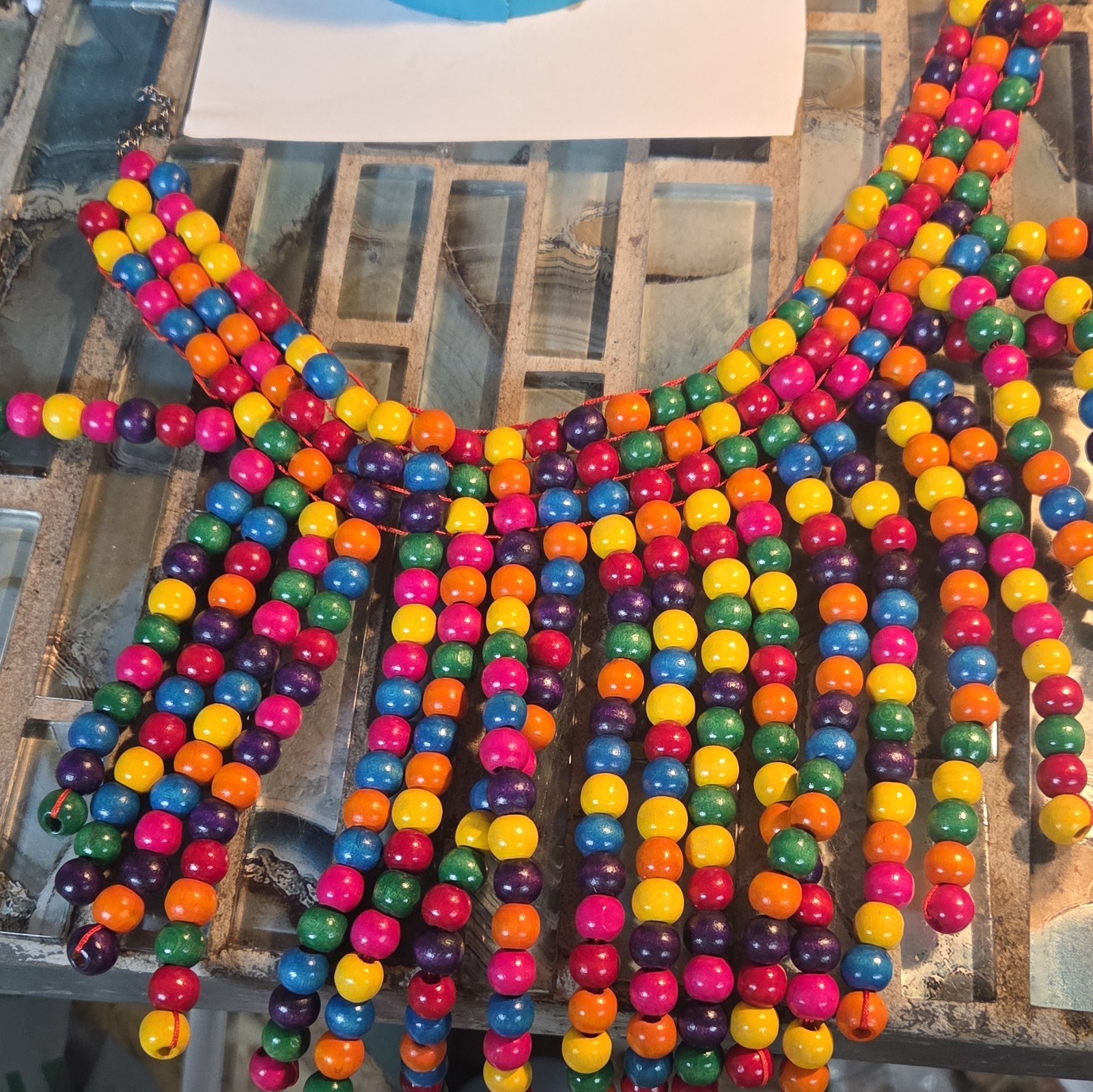 Multicolor Wood Multistrand Beaded Bib Necklace Round Beads Lobster Clasp