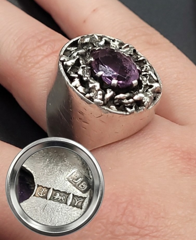 Vintage Brutalist Ring 925 Sterling Silver English and Amethyst.Birmingham