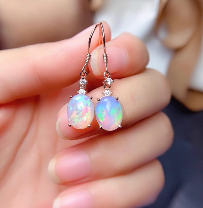 White Fire Opal Drop Earrings Sterling Silver Dainty Minimalist Women Jewelry