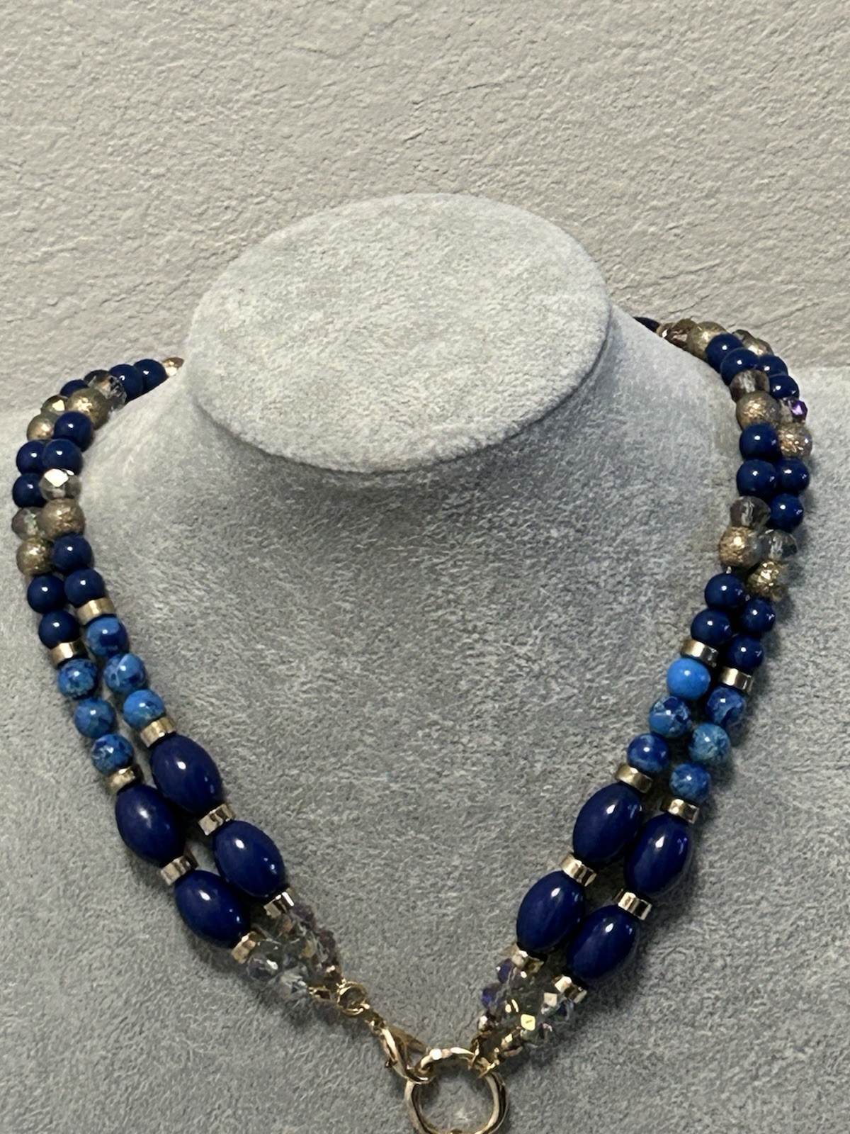 Beaded Necklace Blue/Gold/Clear Beads Ornate Gold-Tone Abolone Pendant & Tassel