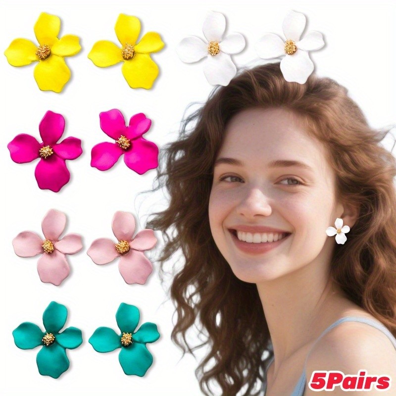 New 5 Pairs Trendy Flower Stud Earrings Minimalist Colorful Jewelry Party Gift