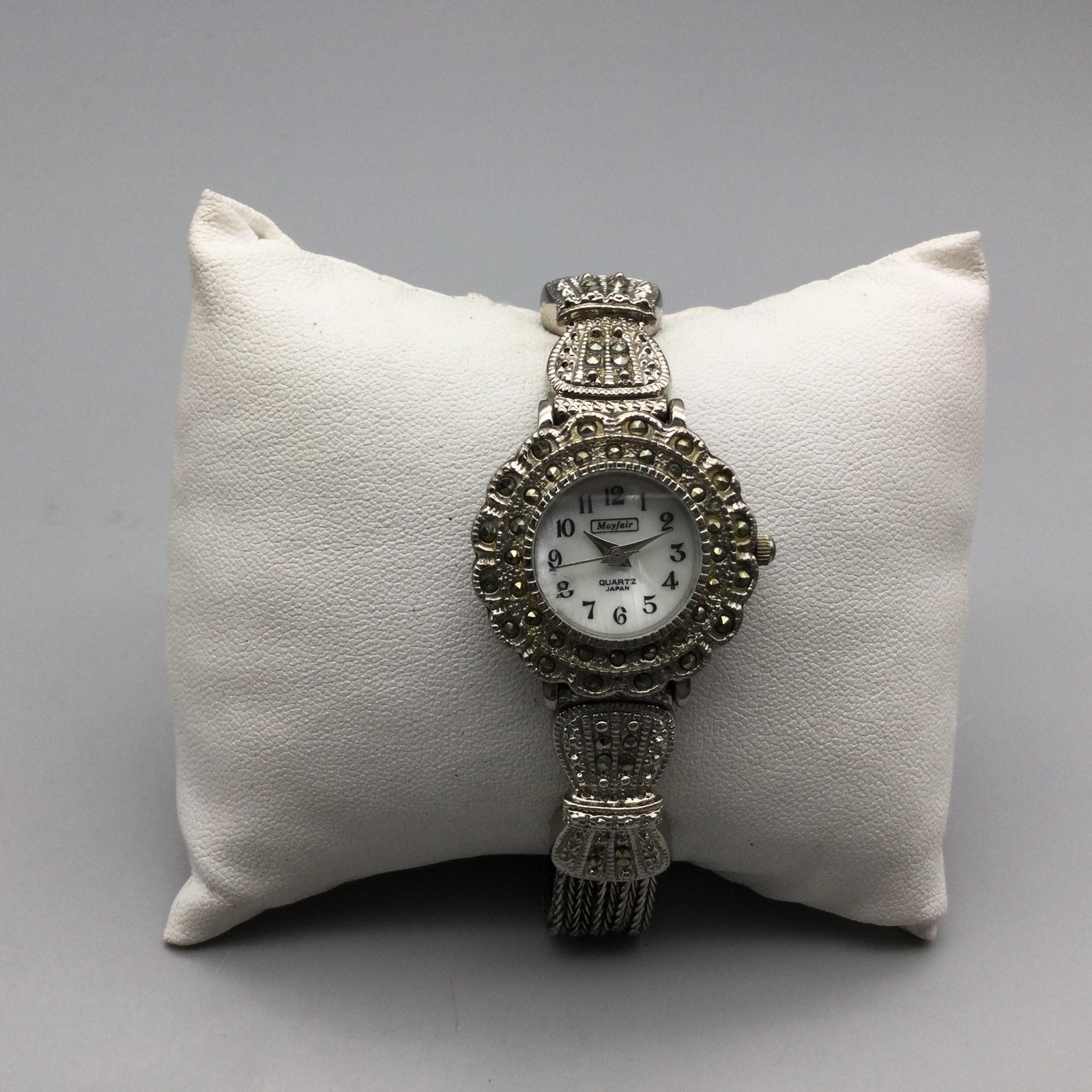 Mayfair Womens Watch 27mm White MOP Dial Silver Tone Marcasite New Battery 7.25″