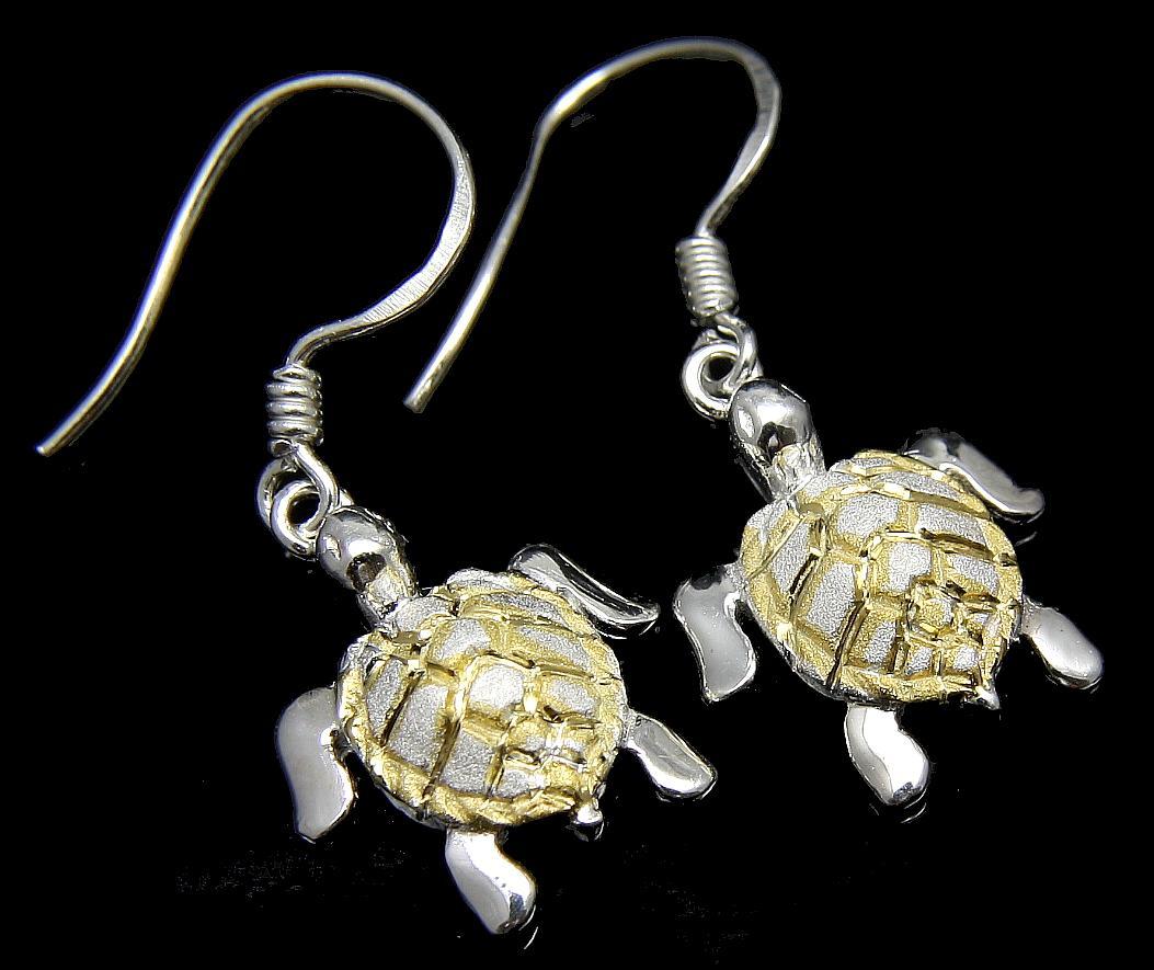 SILVER 925 YELLOW GOLD PLATED HAWAIIAN SEA TURTLE WIRE HOOK EARRINGS 12.30MM
