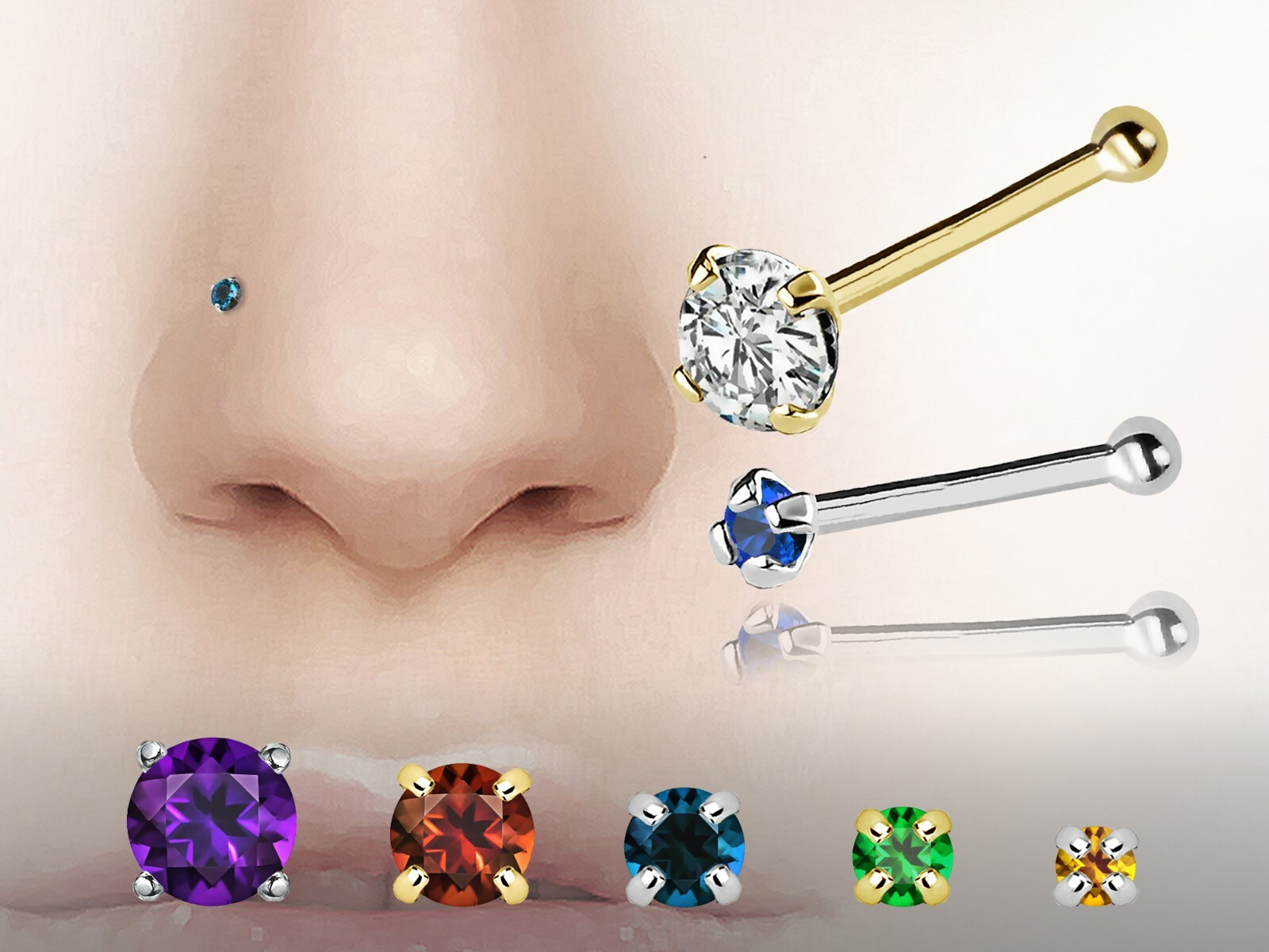 Personalized Prong-set Birthstone 22G 14kt Yellow or White Gold Nose Bone Ring