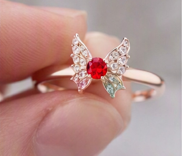 2ct Round Cut Simulated Red Ruby/CZ Butterfly Cocktail Ring 14k Rose Gold Plated