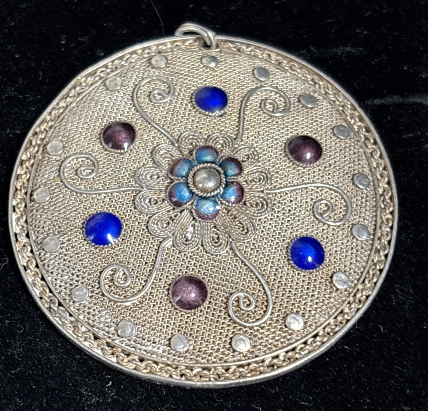 Vintage Chinese Export SILVER Gilt Filigree Cloisonne Necklace Pendant 1960’s