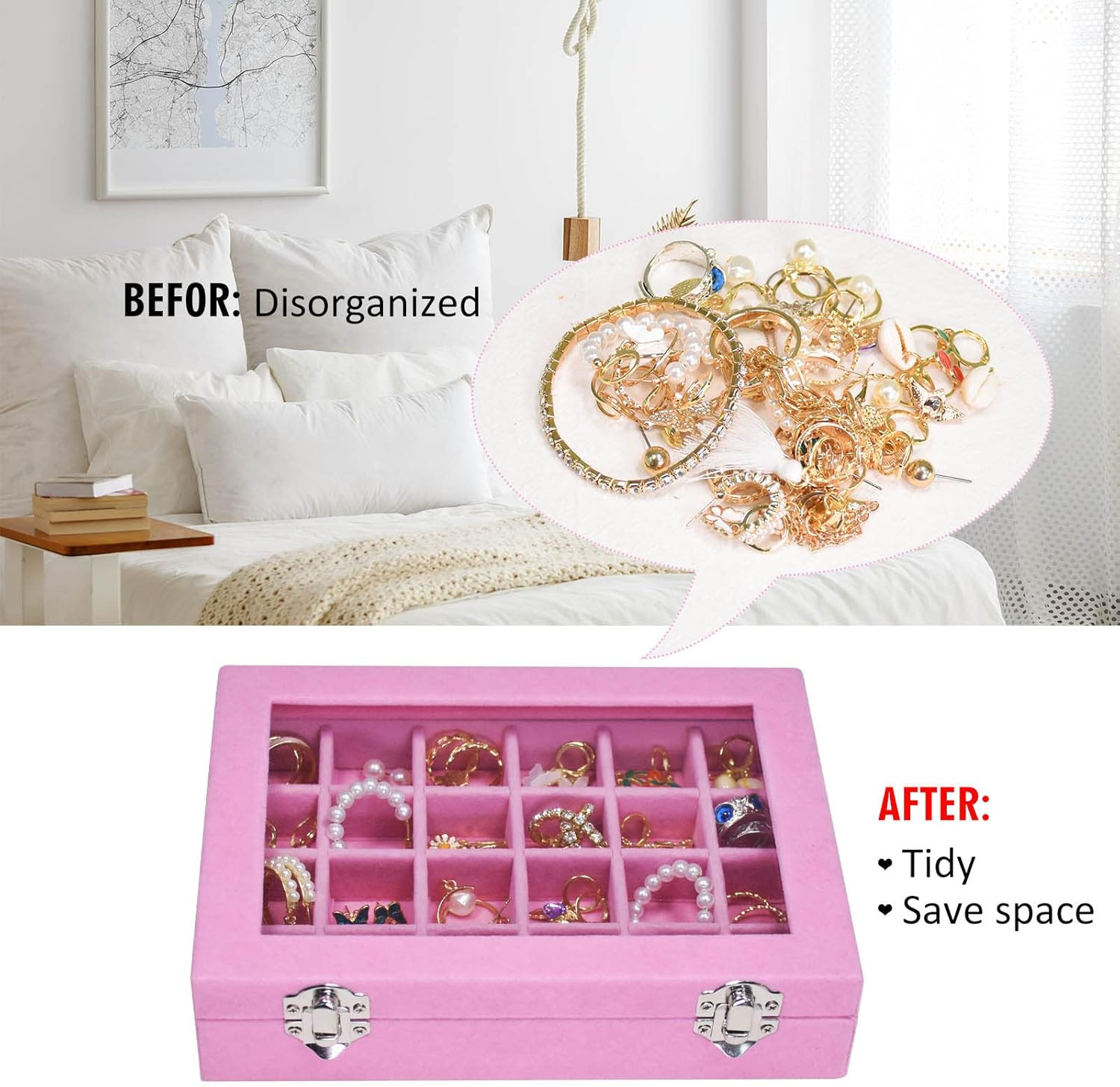 Velvet Jewelry Box 24 Grid Jewelry Ring Display Organiser Box Tray Holder Earrin