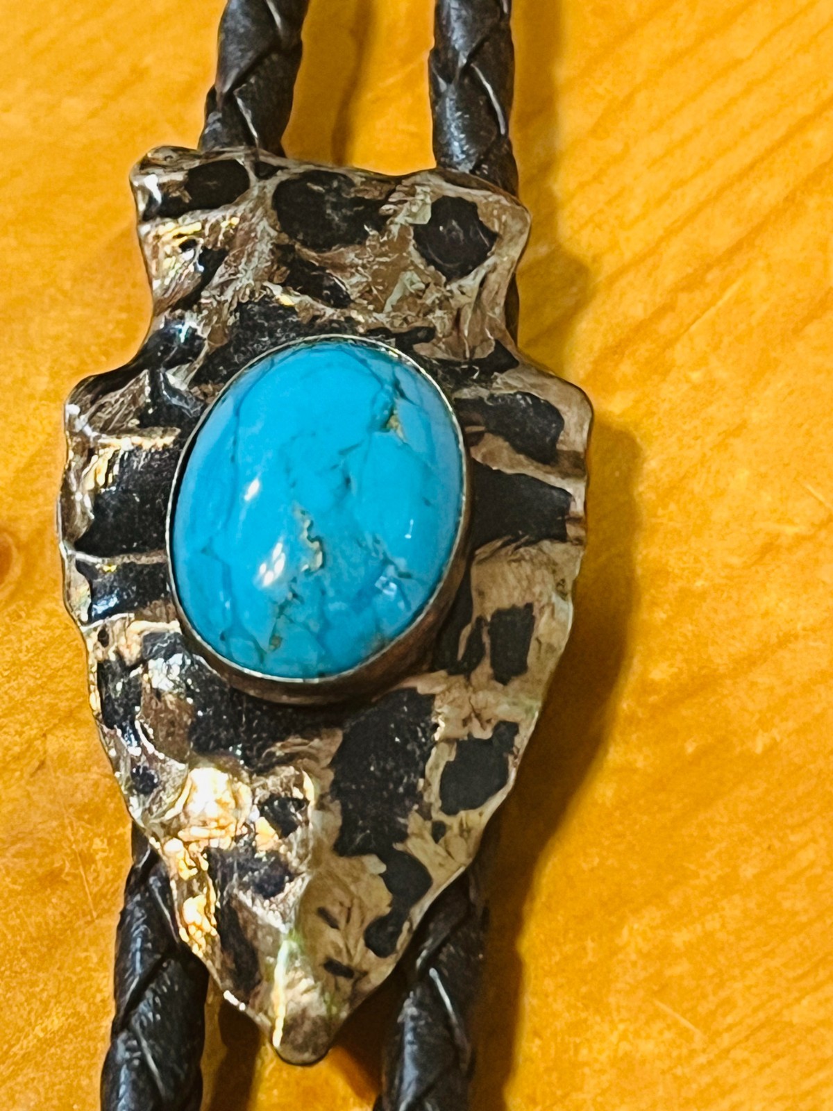 Southwestern Native American Hammered Copper Turquiose Bolo Tie With Dangles