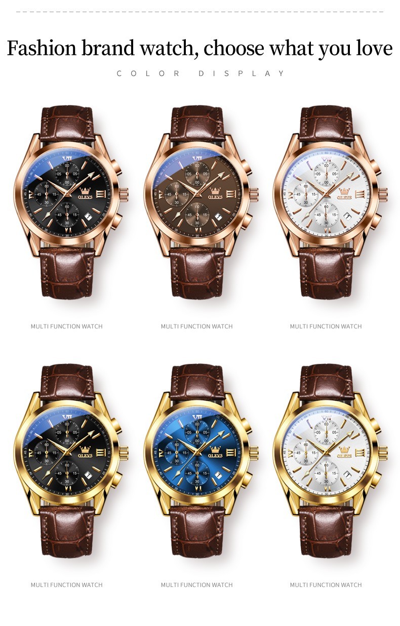 OLEVS 2872 Luminous Multifunctional Male Leather Top Quality Quartz Watches