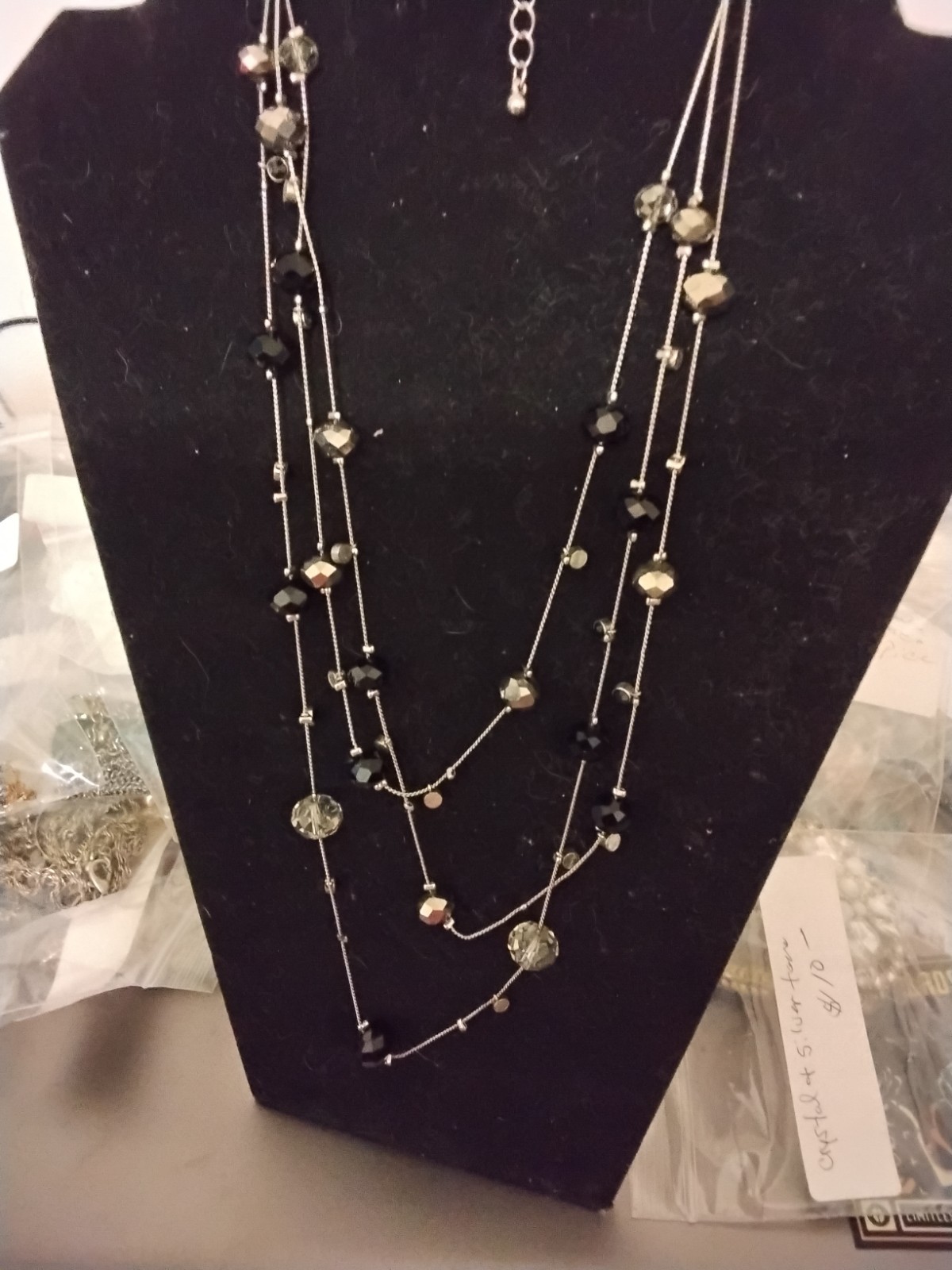 Silver Tone Layered Beaded Necklace – Black Round Crystal, Cable Chain