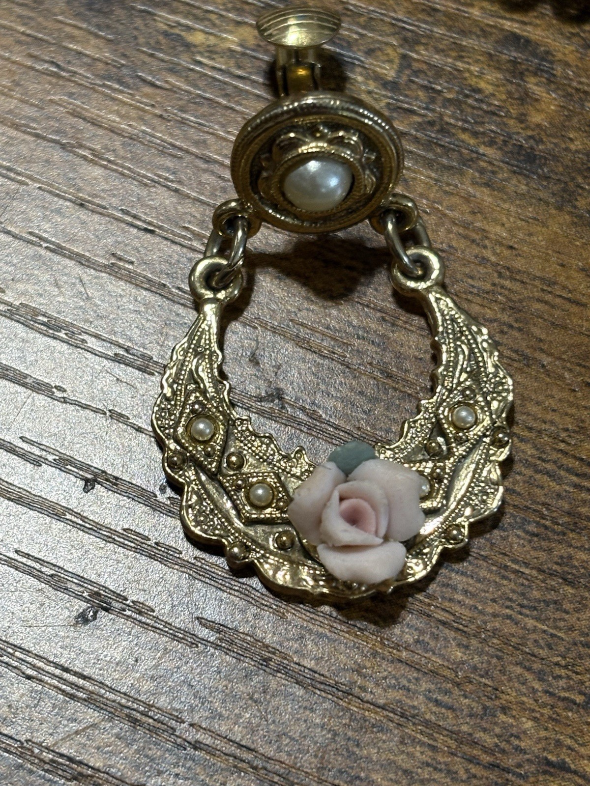 Vintage 1928 style Gold Tone Filigree Crescent Drop porcelain rose Earrings