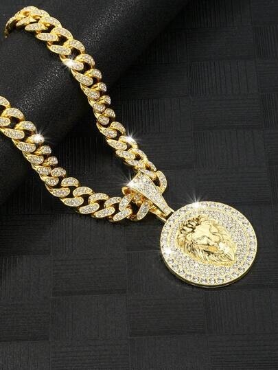 Hip Hop Iced Lion Head Medal Pendant & 20″ Cubic Zirconia Cuban Chain Necklace
