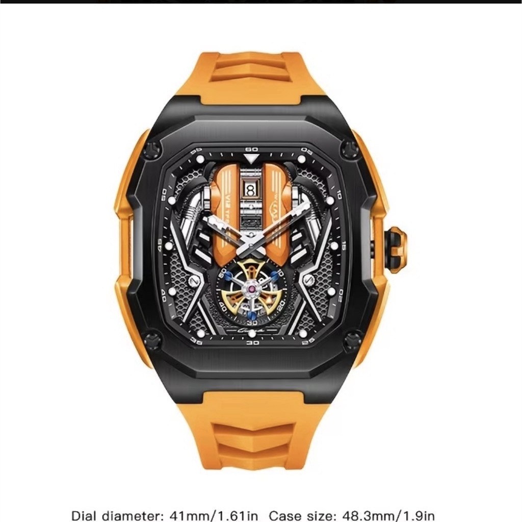 Tonneau Skeleton Dial Analog Sport Watch Date 48.3mm Black Case Silicone Strap