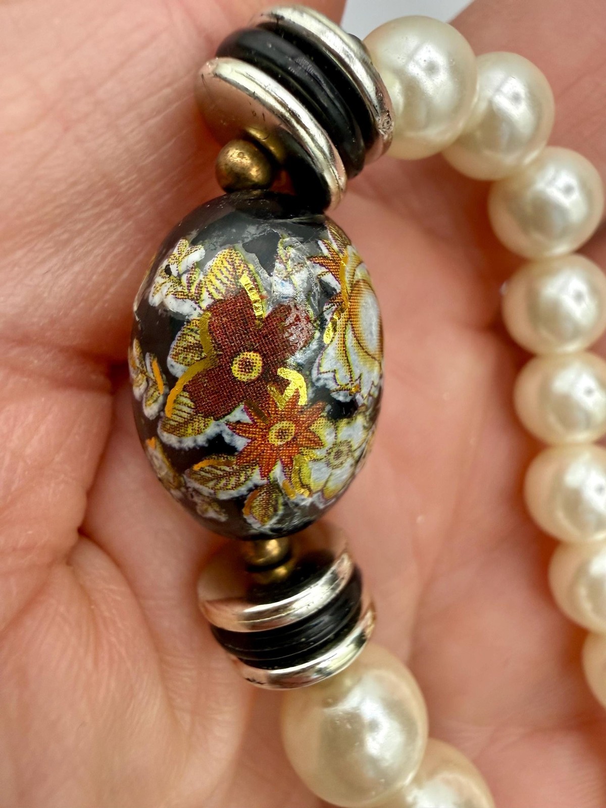 Vintage Faux Pearl Necklace, Black Floral Cloisonné Style Beads, 1980s Statement