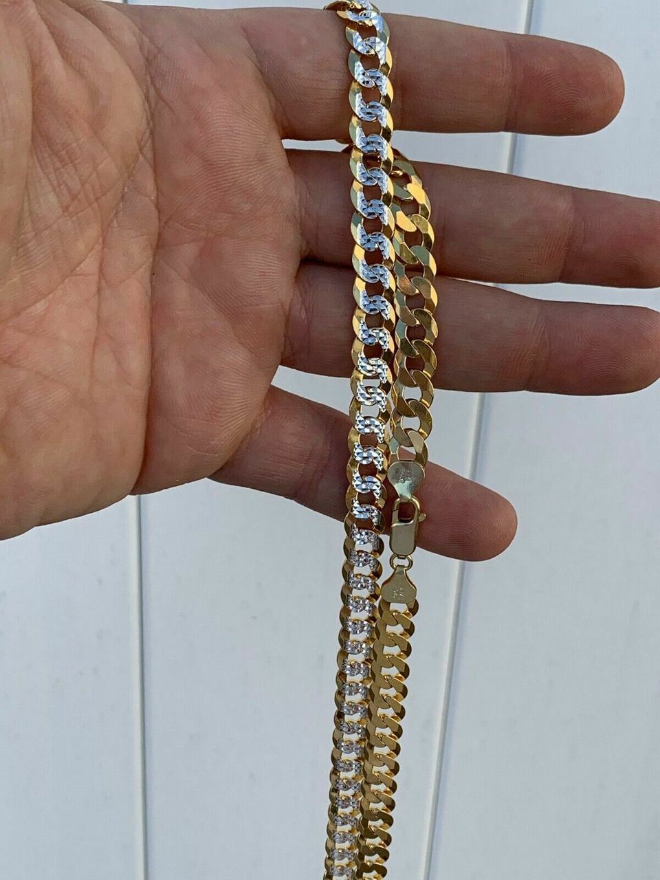 Mens Diamond Cut 8mm Cuban Chain 14k Gold Plated Solid 925 Silver Two Tone ITALY