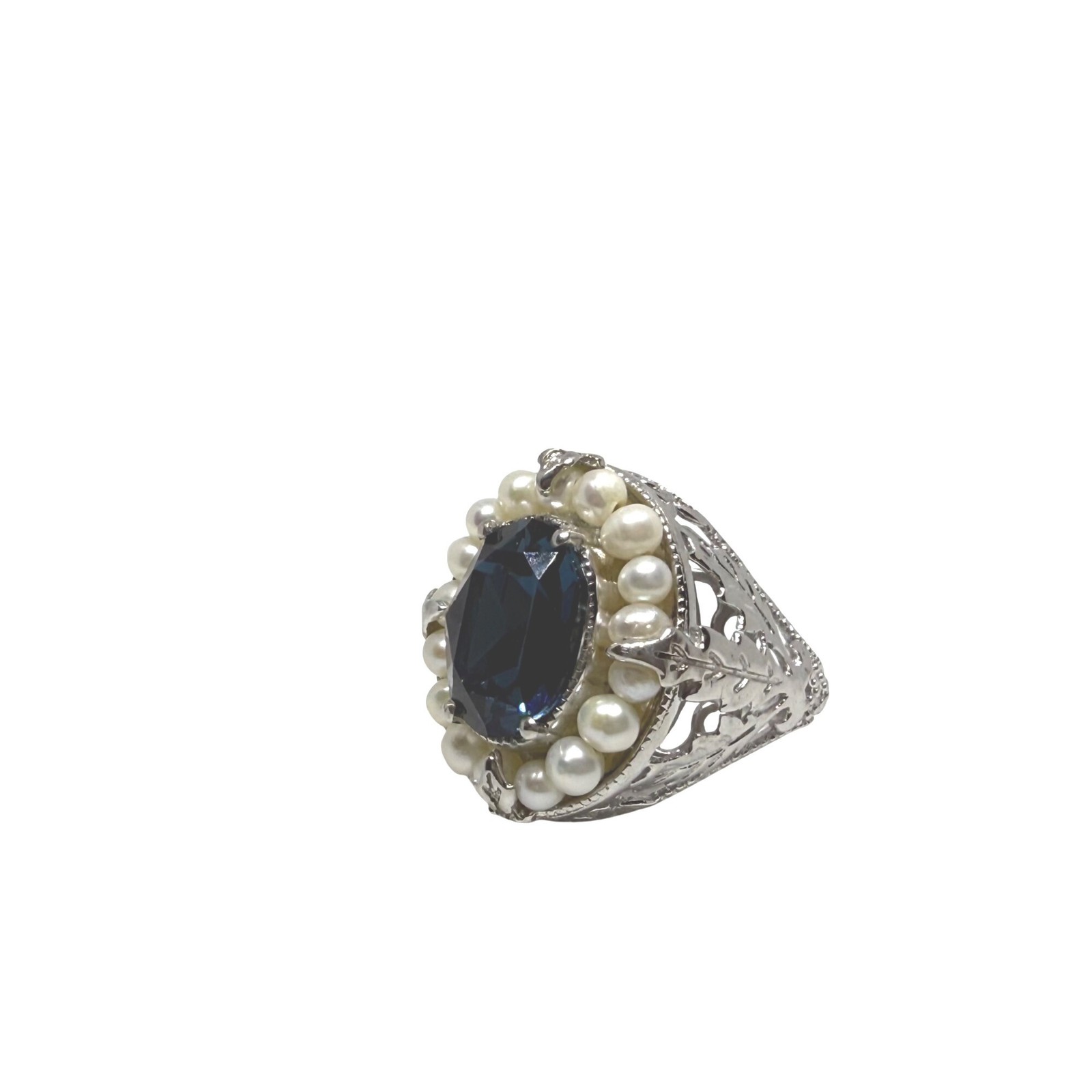 STS Karis Silver Toned Ring Blue Oval simulated gemstone Pearl Accents Intricate