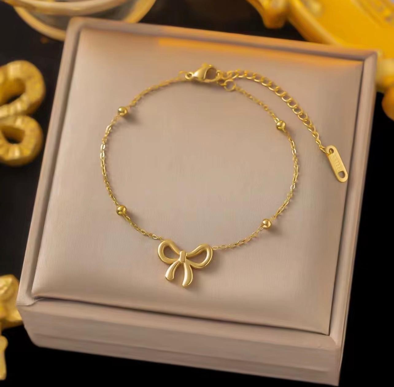 316L Stainless Steel Simple and Lovely Gold Sweet Bow Pendant Necklace Jewelry