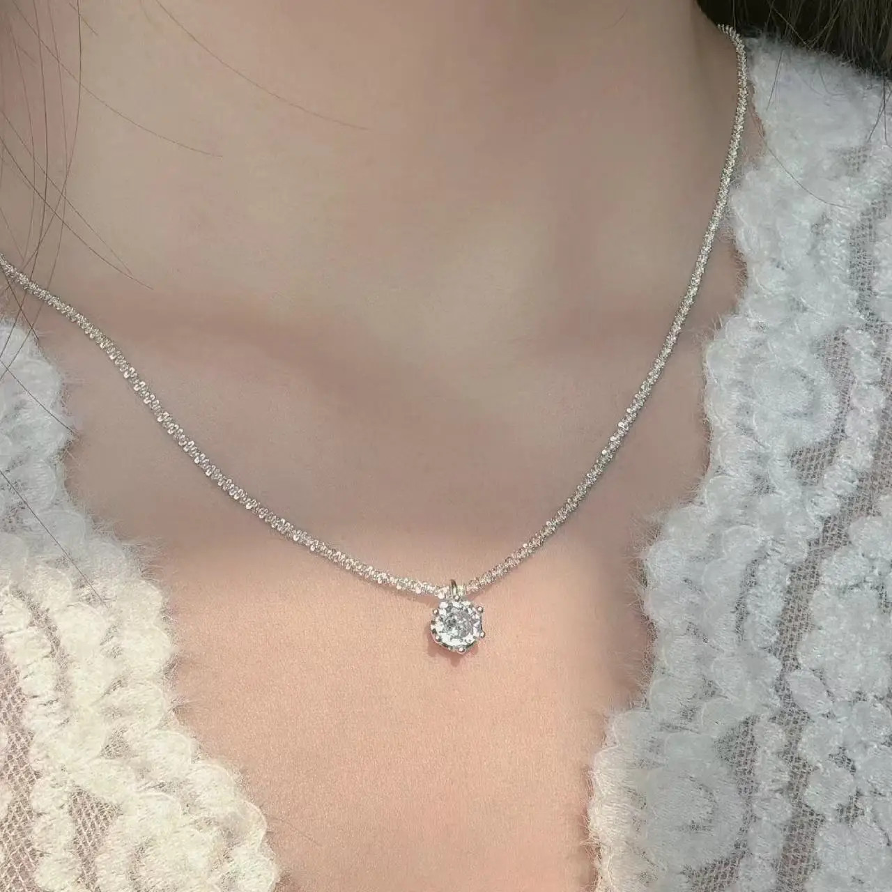 925 Sterling Silver Necklace Zircon Pendant Sparkling Necklace Clavicle Chain