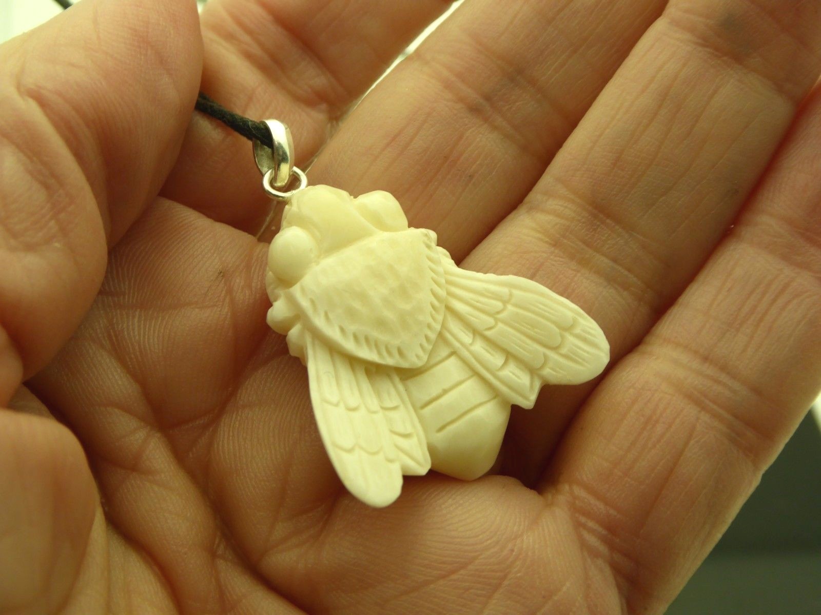 Carved Honey Bee Water Buffalo Bubalus Bubalis Bone Sterling 925 Amulet Necklace