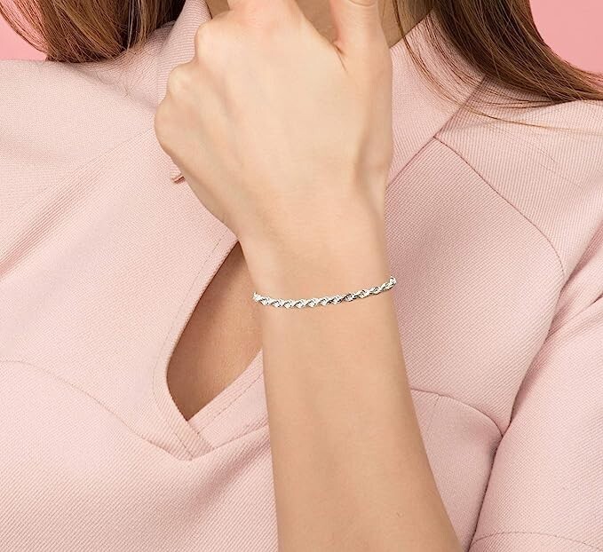 925 Solid Sterling Silver 2.5MM Diamond Cut Rope Chain Bracelet For Men & Women