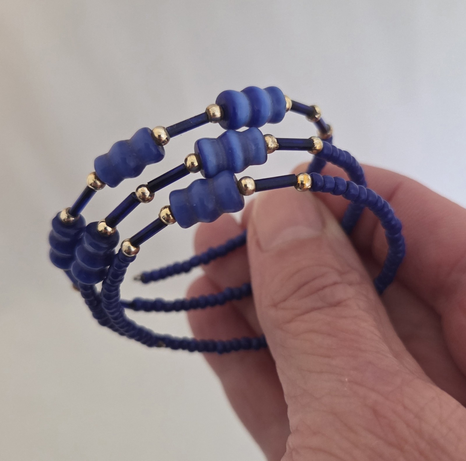 Blue Gold Beaded Wrap Bracelet Round