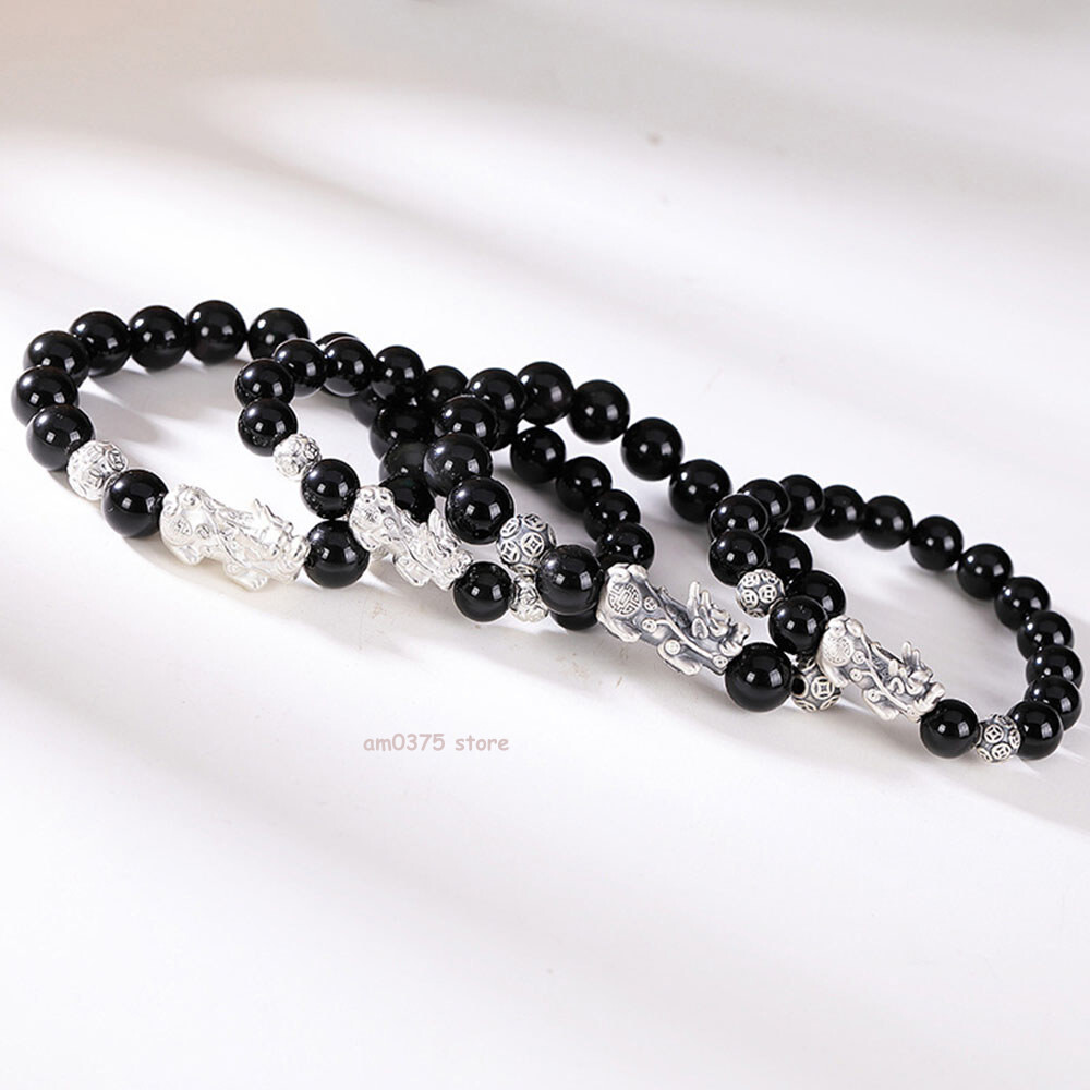 Real 999 Pure Silver Bracelet Man Women Obsidian Dragon Pixiu Beaded Link 7.1”L