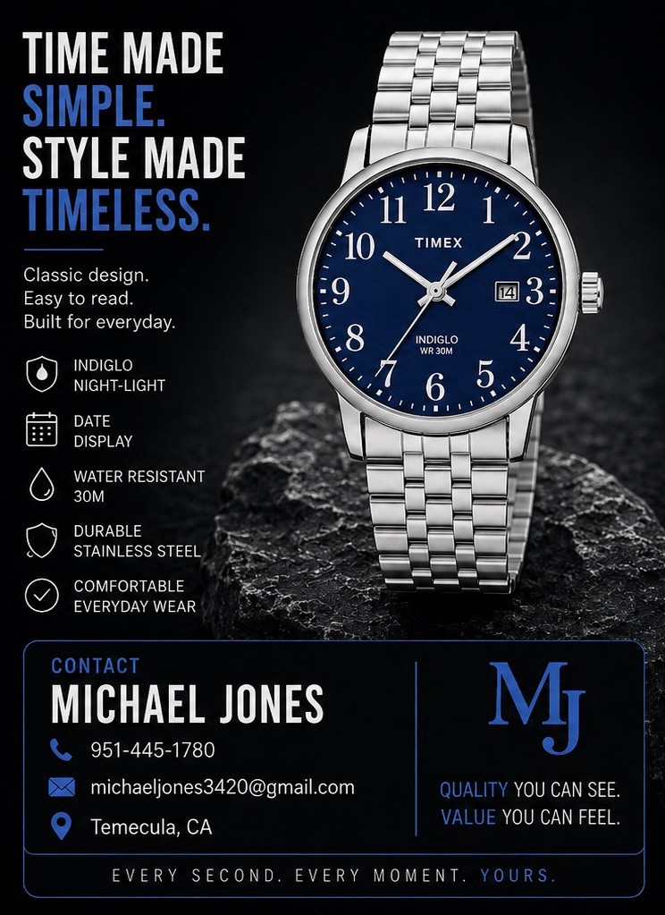 Timex Easy Reader Quartz Watch Blue Dial Arabic, Date, INDIGLO, Steel, 30m WR