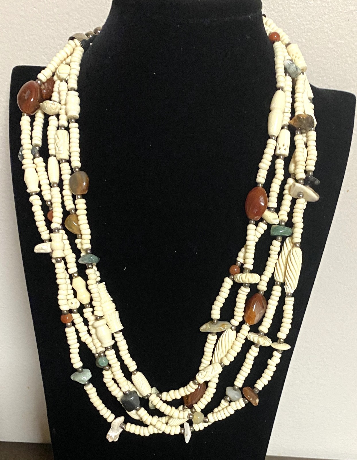 5 Strand Carved Bovine Bone & Gemstone Necklace