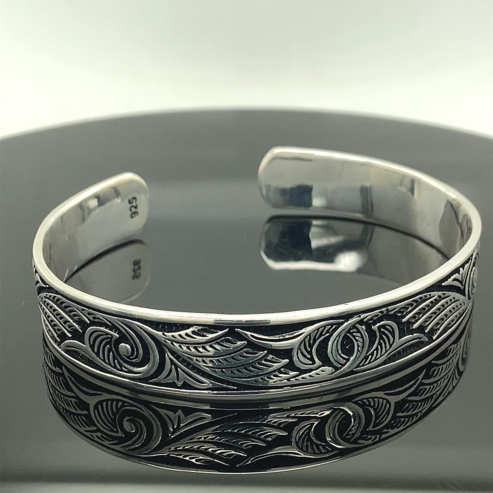 Men Silver Cuff Bracelet Engraved Adjustable Silver Embroidered Bracelet