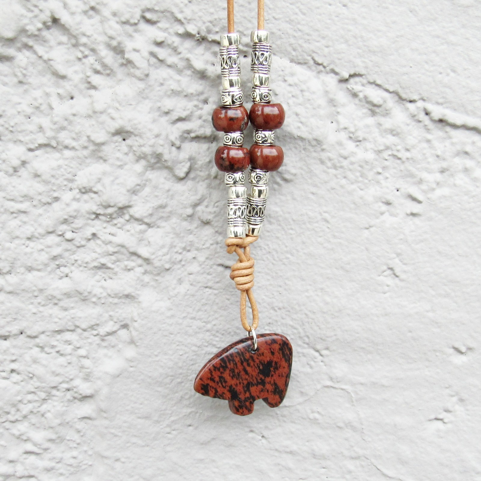 Fetish Mahogany Obsidian Bear, Long Real Leather Natural Tan Necklace,