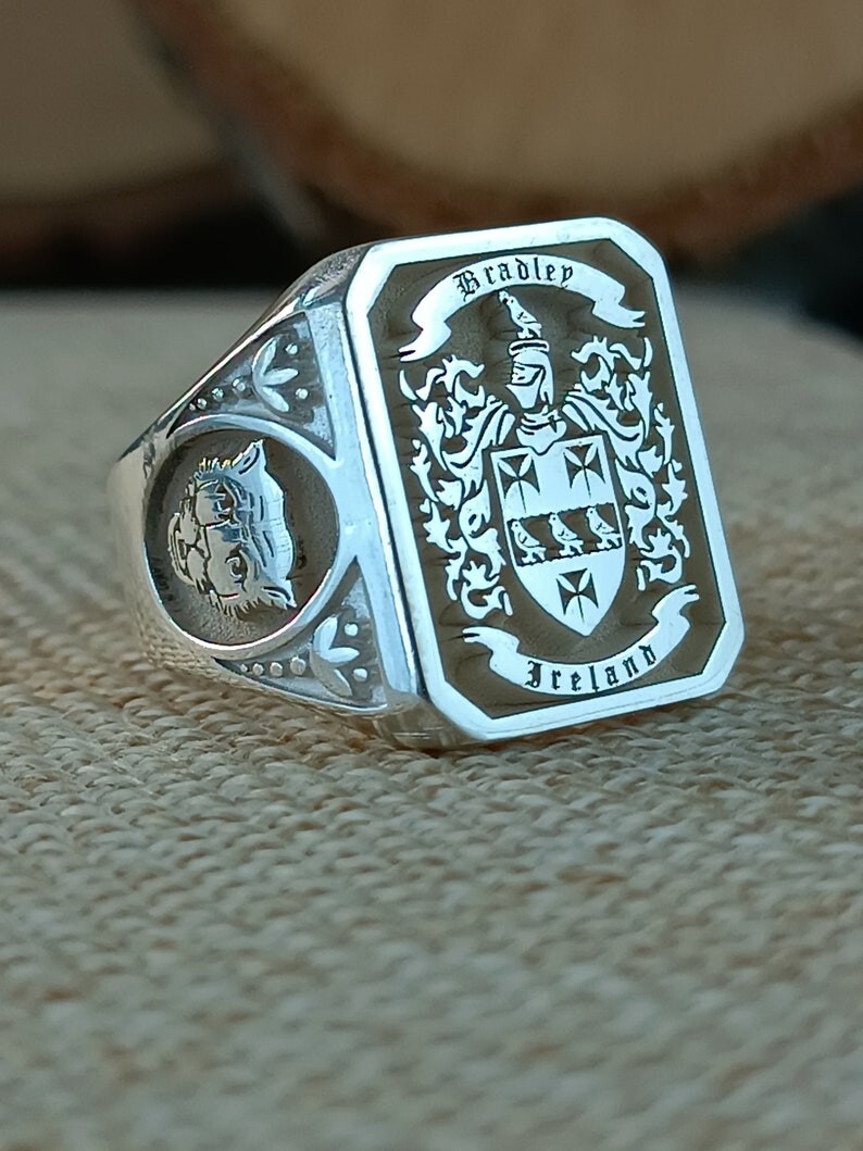 Custom Engraved Family Crest Ring, Personalized Coat of Arms Jewelry