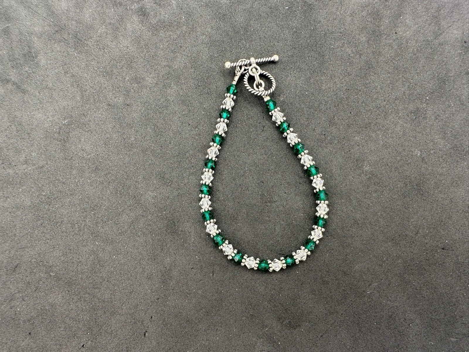 6.33g Vintage Sterling Silver 925 Beaded Link Bracelet Green Accents M 7.2 in