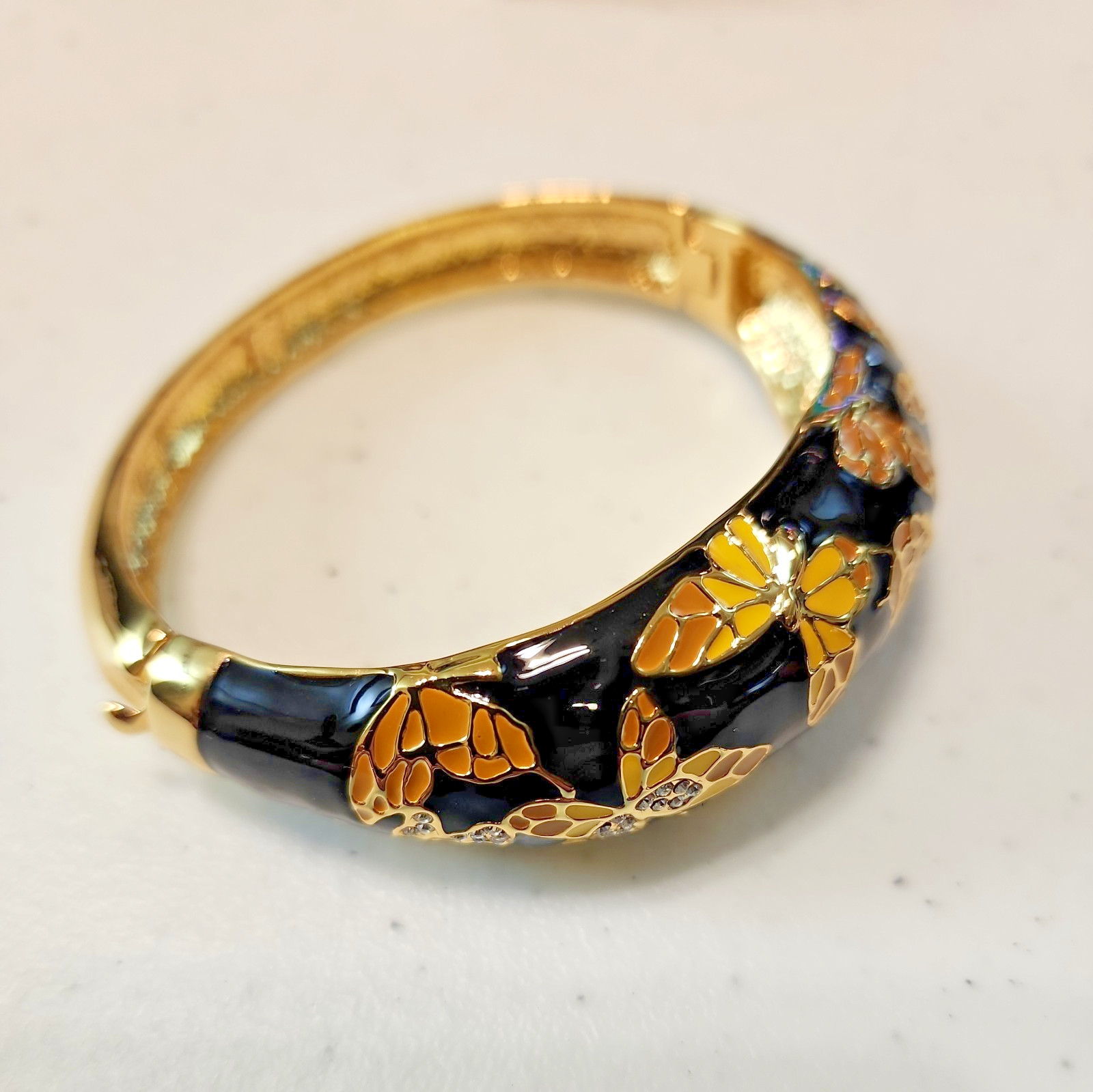 Handcrafted Enamel Gold Cloisonne Butterfly Bangle Bracelet w Austrian Crystals