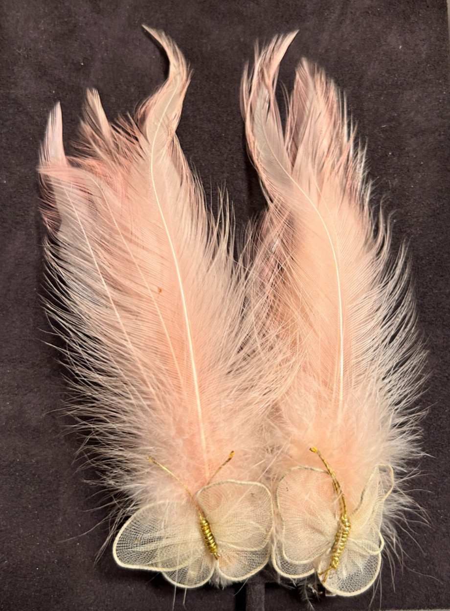 Vintage 1950’s Real Feather Butterfly Pink Special Occasion Earrings Clip-On 6″