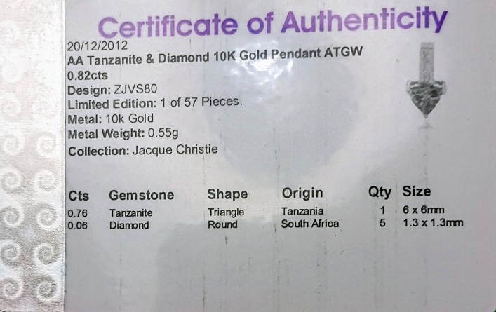 Jacque Christie Tanzanite & Diamond Triangle Pendant 10K Gold 0.82ctw ZJVS80