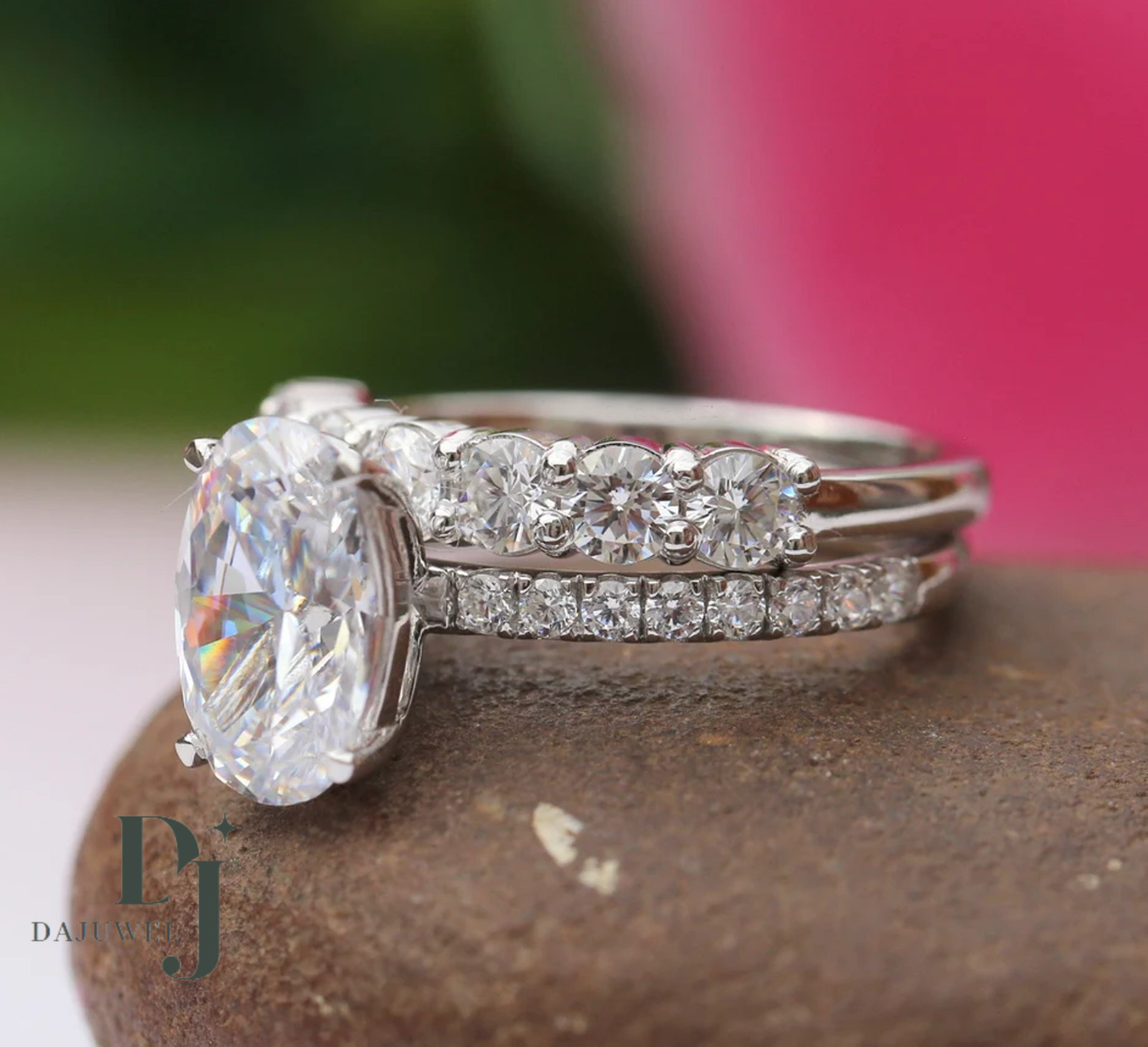 Moissanite Bridal Set Engagement Ring Solid 14K White Gold 3 Carat Oval Cut VVS1