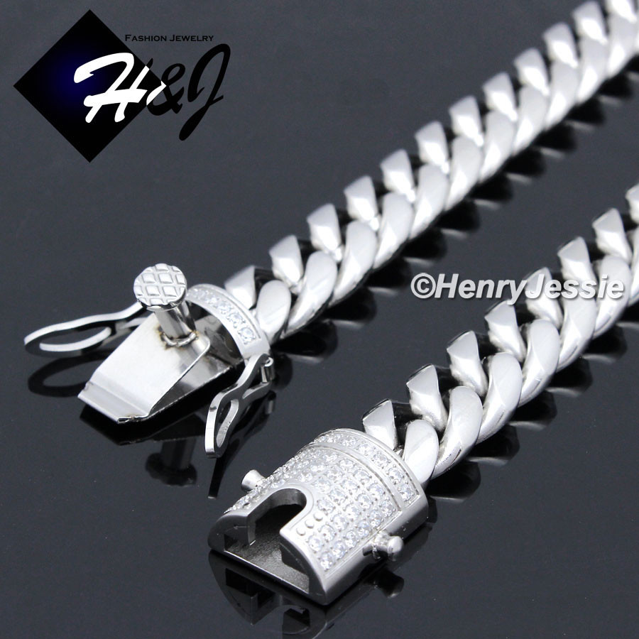 18″-40″MEN Stainless Steel 10/12/14mm Silver Bling CZ Cuban Curb Necklace*N158