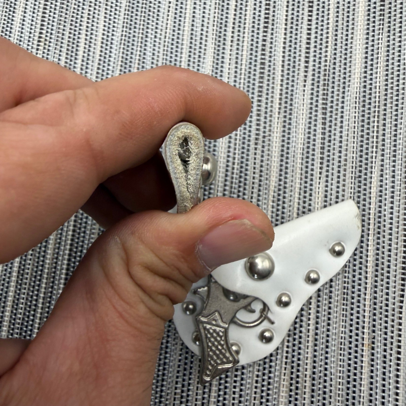 Vintage 50s Metal 6 Shooter Gun Diaper Clip Brooch White Studded Holster Set 2pc