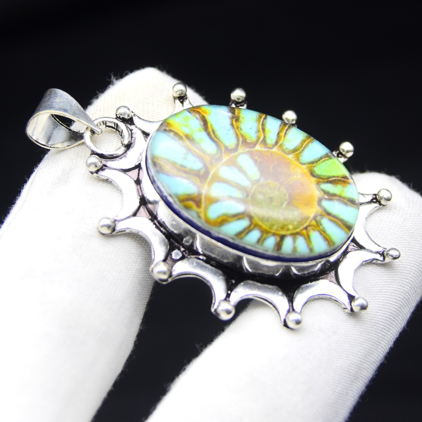 Ammonite Fossil Gemstone Pendant Handmade 925 Sterling Silver Jewelry Oval