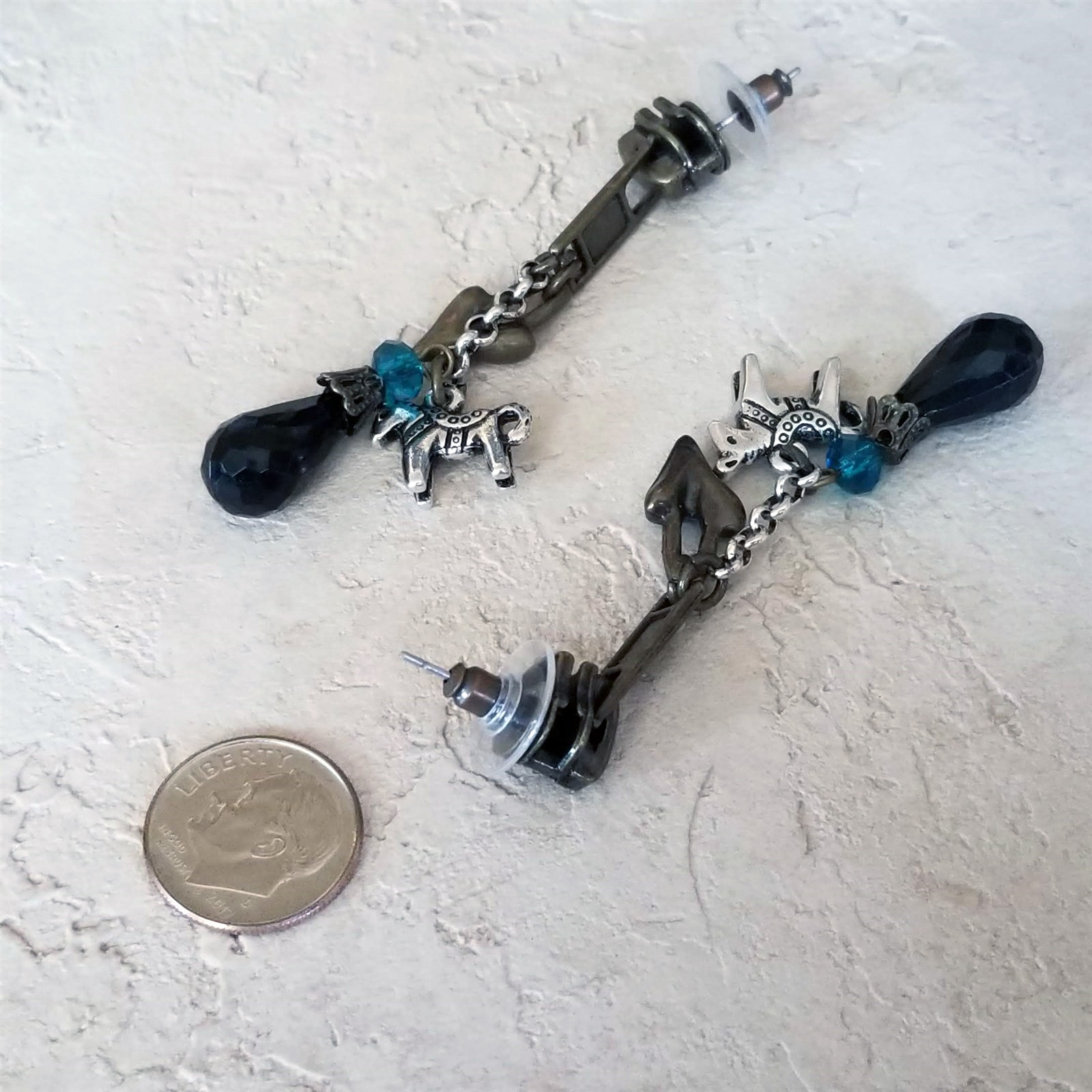 Steampunk Antiqued Brass Kitchen Sink Zipper Heart Teal Black Dangle Earrings