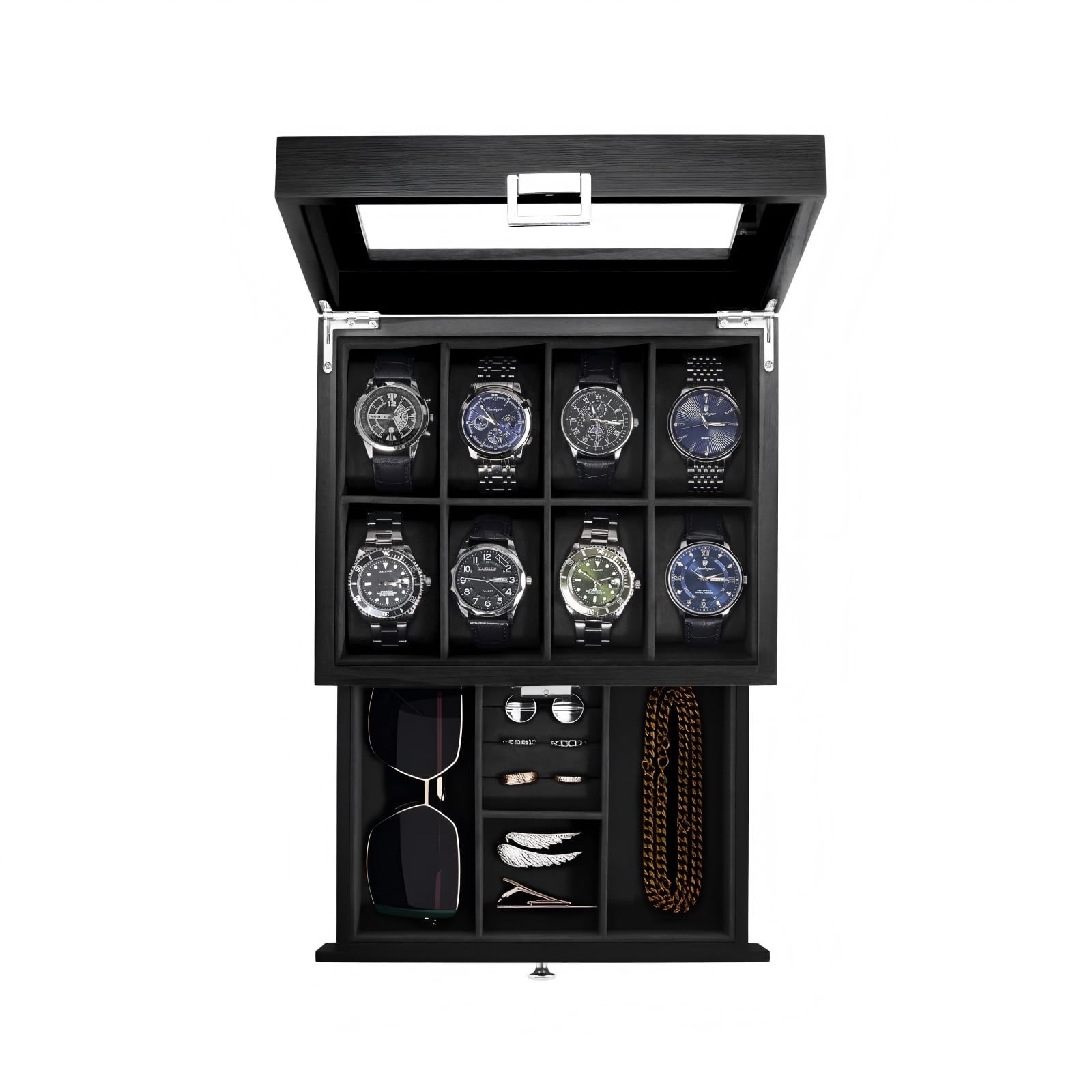 8-Slot Wooden Watch Box with Drawer, 2-Layer Jewelry Organizer, Gift for Men & W